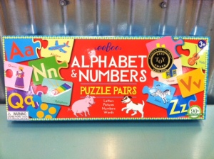 The Alphabet & Numbers Puzzle Pairs game (ages 3+) is an  Oppenheim Toy Portfolia Best Toy Award winner! Help your budding readers match letters to pictures and learn their numbers, too. The directions include 6 different ways to play for endless amusement.